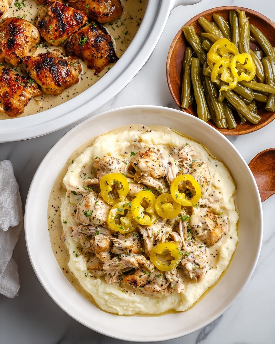 The image shows a dish with two main parts. On the top, there are 10 grilled chicken pieces with a light brown color and grill marks, all covered in a thick creamy sauce with black pepper and small green herbs sprinkled on top, mixed with several slices of yellow pepperoncini peppers. The chicken and sauce fill a white slow cooker. On the bottom, there is a white plate with shredded chicken mixed in the same creamy sauce, topped with yellow pepperoncini slices and black pepper, served over smooth mashed potatoes which are light cream in color. On the side of the plate, there are cooked green beans with bits of garlic, all placed on a white marbled surface. A wooden spoon is partly visible on the side of the slow cooker. photo taken with an iphone --ar 4:5 --v 7