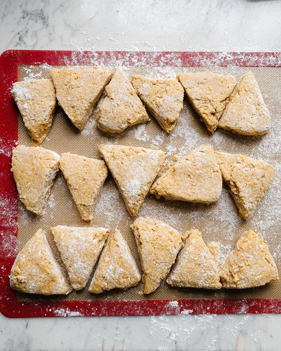 The image shows sixteen raw triangular dough pieces arranged on a floured textured mat with a red edge on the left side. The dough is light brown with some white flour dusted unevenly on each piece, creating a slightly rough texture. The triangles are organized in two rows, eight pieces in the top row and eight in the bottom row, spaced closely but not touching. The dough looks thick and slightly bubbly, suggesting it is ready to be baked or cooked. The background is a white marbled surface. photo taken with an iphone --ar 4:5 --v 7