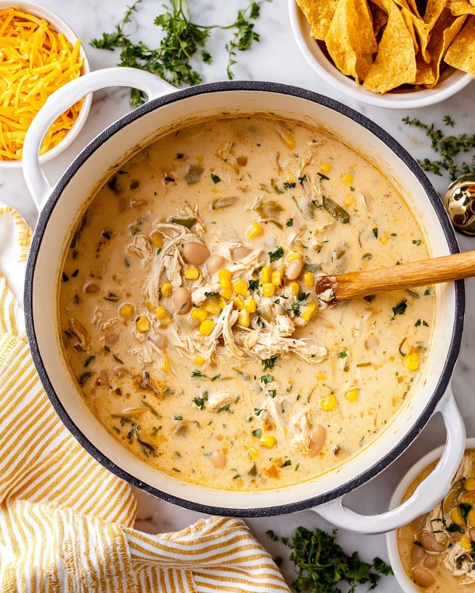 The image shows a white pot filled with a creamy soup that has visible pieces of shredded chicken, white beans, yellow corn kernels, and chopped green herbs mixed throughout. A wooden spoon is inside the pot, scooping some of the thick soup with the solid ingredients. Around the pot, there is a striped yellow and white cloth, some tortilla chips, shredded yellow cheese in a white bowl, and scattered sprigs of green herbs on a white marbled surface. Another white bowl with the same soup is partially visible in the top right corner. photo taken with an iphone --ar 4:5 --v 7