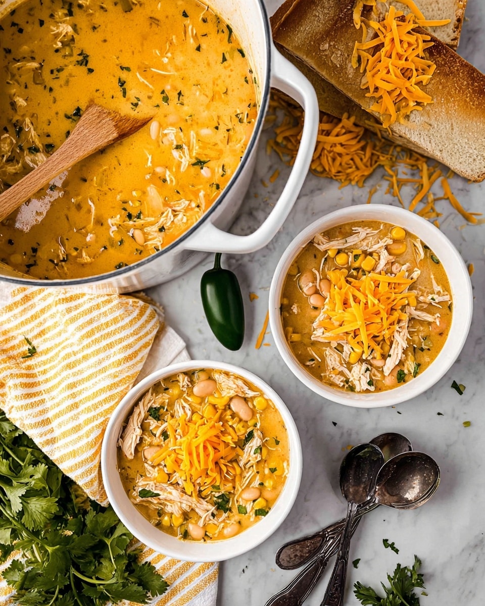 A large white pot holds a creamy orange-yellow soup filled with shredded light brown chicken, white beans, and small herbs, with a wooden ladle resting inside. Beside the pot, two white bowls are filled with the same soup, showing layers of shredded chicken, white beans, small yellow corn pieces, and green herbs. The top layer of each bowl is covered with bright orange shredded cheese. Two pieces of flat, lightly browned bread sit near the bowls next to a bunch of fresh green cilantro. The scene includes a white marbled surface, a yellow-striped cloth napkin, and two dark metal spoons with a whole green chili pepper beside them. Scattered bits of herbs and cheese add to the texture. photo taken with an iphone --ar 4:5 --v 7