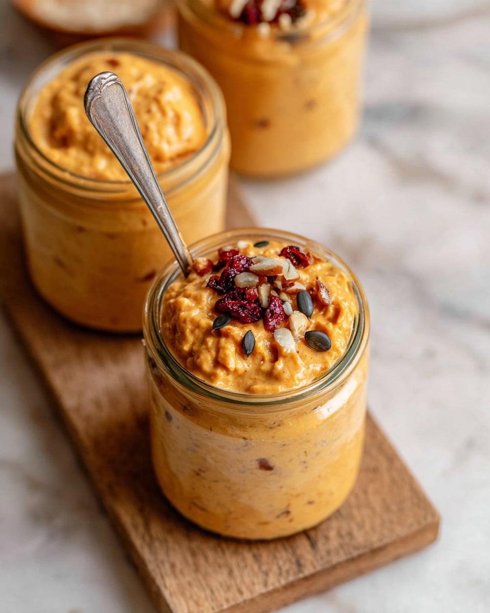 The image shows three glass jars filled with a thick, creamy orange mixture. Each jar sits on a wooden board placed on a white marbled surface. The jar closest to the front is open, revealing a textured, chunky top layer with a spoon resting inside. There are visible dark seeds and small pieces of red dried fruit and nuts scattered on top of the orange mixture. The other two jars in the background are closed and slightly blurred but have the same creamy orange content inside. photo taken with an iphone --ar 4:5 --v 7