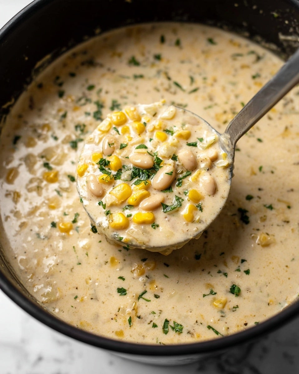 A thick creamy soup shown inside a black pot with a metal ladle lifting some soup near the center. The soup has a light beige color with visible layers of yellow corn kernels, small white beans, and finely chopped green herbs sprinkled on top. The texture looks smooth with small chunks mixed in, and the green herbs add a fresh touch against the creamy base. The background surface is white marbled texture. Photo taken with an iphone --ar 4:5 --v 7