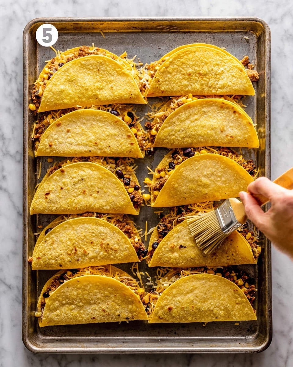 A baking tray holds ten yellow corn tortillas folded in half, each filled with visible layers of shredded cheese, black beans, corn, and some browned bits, giving a textured, colorful mix of yellows, whites, and blacks seen at the open edges. The tortillas have a slightly crisp, golden surface. A woman's hand is brushing the top right tortilla with a light-colored pastry brush. The tray sits on a white marbled surface. photo taken with an iphone --ar 4:5 --v 7