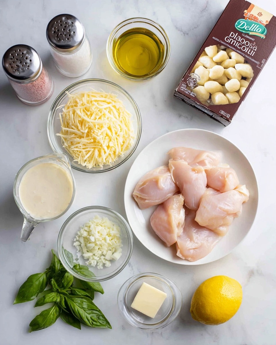 The image shows ingredients for a meal placed on a white marbled surface. On the right side, there is a white plate with several pieces of raw chicken with a pale pink color and smooth texture. Above it, a brown box of DeLallo potato gnocchi displays gnocchi images on the front. Near the center, there are two small clear glass bowls, one with shredded pale yellow cheese and the other with finely chopped white onions. To the left of these bowls is a small glass cup with a pale yellow liquid, and to its left is a measuring cup filled with an off-white cream. In the bottom center, there is a bright yellow lemon, fresh green basil leaves arranged next to it, a small glass dish with minced garlic, and another glass dish with a square piece of pale yellow butter. At the top left, two seasoning grinders are visible, one with pink salt and the other with black pepper, and next to them is a tall clear container with golden olive oil. The photo taken with an iphone --ar 4:5 --v 7