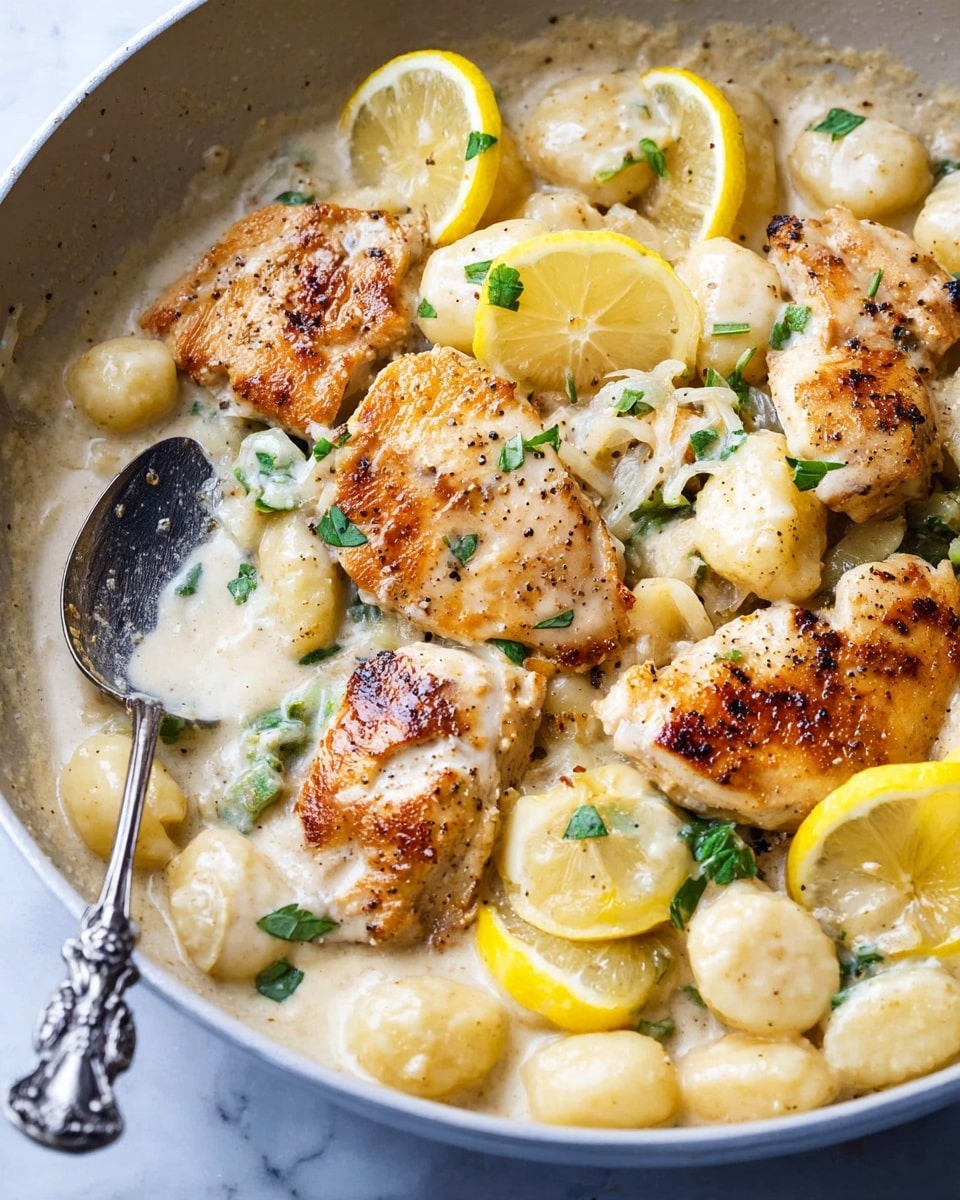 The image shows a close-up of a white pan filled with several pieces of golden brown grilled chicken sitting on top of small round gnocchi coated in creamy white sauce. Thin lemon slices with bright yellow edges are placed around the chicken. Small green herb pieces are sprinkled on top of the chicken and sauce, adding contrast. A silver spoon with ornate details is partially submerged in the sauce on the left side of the pan. The scene is set on a white marbled surface. Photo taken with an iphone --ar 4:5 --v 7