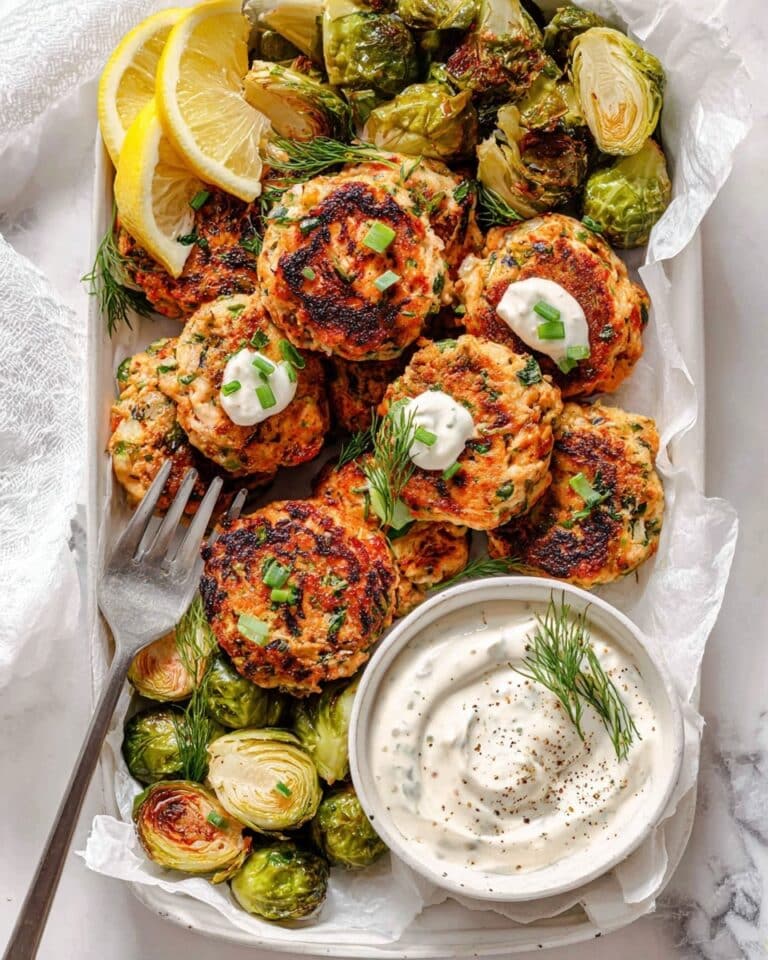 Sweet Potato Salmon Cakes with Creamy Dill Sriracha Sauce and Balsamic Maple Brussels Sprouts Recipe