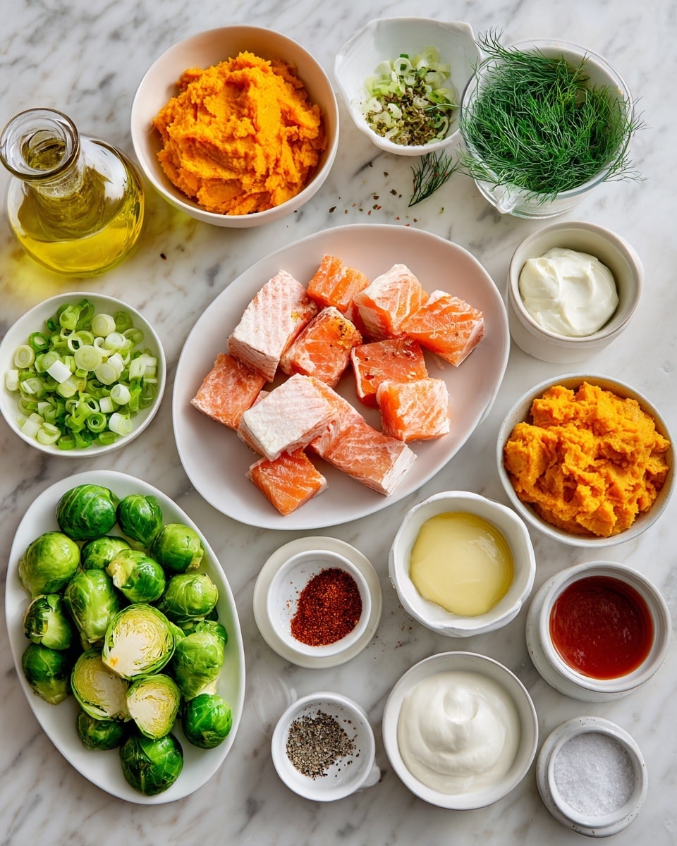The image shows several white bowls and plates arranged on a white marbled surface, each holding different ingredients. A large white plate near the center holds pinkish-orange chunks of salmon. Surrounding it are smaller white bowls with bright orange mashed sweet potato, pale yellow beaten eggs, and dark green chopped dill mixed with sliced green onions on a large white plate. There are also small white bowls with white mayo, bright red sriracha sauce, white creamy Greek yogurt, and a light brown honey-glossed liquid. One small white bowl contains coarse salt, black pepper, and white seasoning, while another has chopped garlic, fresh dill, and brown maple syrup. At the bottom left is a white oval plate filled with halved bright green Brussels sprouts. A clear bottle of yellow olive oil and a small white bowl of red seafood seasoning sit near the top. Everything is neatly arranged, fresh, and vibrant in color, photo taken with an iphone --ar 4:5 --v 7