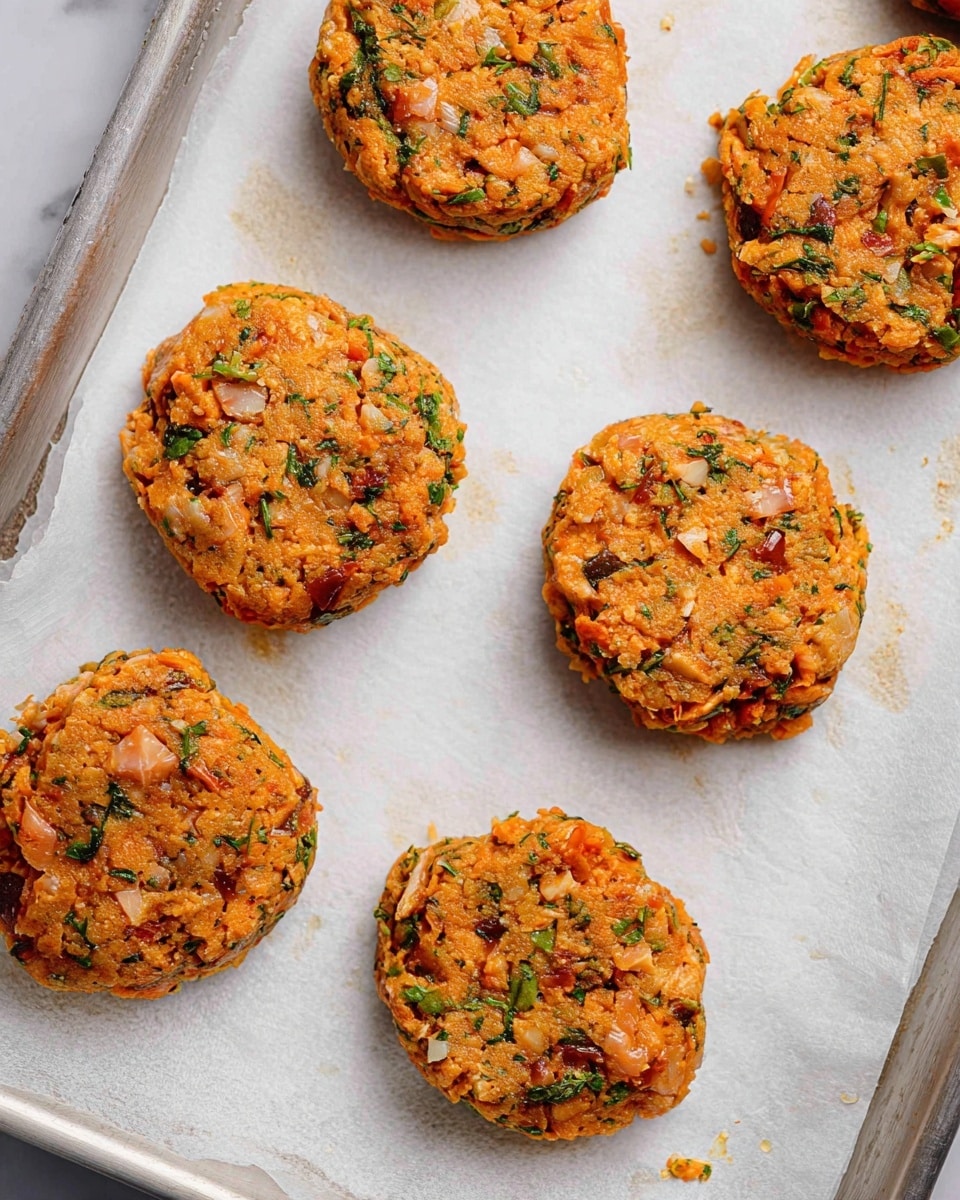 The image shows eight round, thick patties made with mixed ingredients, mostly orange-pink with bits of green herbs and small pieces of fish. Each patty has a rough, chunky texture and is placed on white parchment paper that covers a silver baking tray. The patties are spread out with space between them, and the white marbled surface beneath the tray is visible around the edges. Photo taken with an iphone --ar 4:5 --v 7