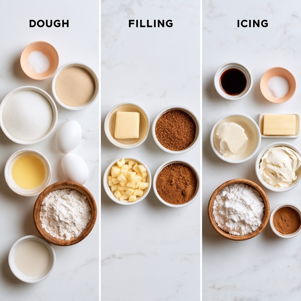 Three separate sections display baking ingredients arranged on a white marbled surface. On the left side, labeled