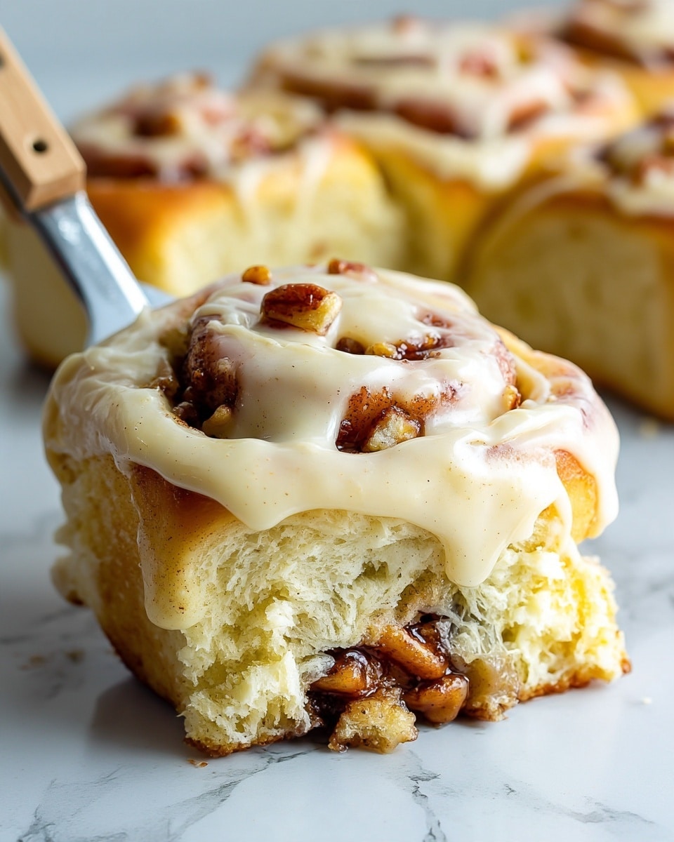 A close-up image shows a single cinnamon roll with three visible layers: the bottom layer is a soft, light brown dough with a fluffy texture; the middle layer contains a swirl of dark brown cinnamon filling with small pieces of nuts or cinnamon clusters; the top layer is thick, creamy, and smooth icing in a pale cream color that drapes over the roll and drips slightly down the sides. The cinnamon roll is being lifted by a metal spatula with a wooden handle, and the background shows other cinnamon rolls blurred softly on a white marbled surface. photo taken with an iphone --ar 4:5 --v 7