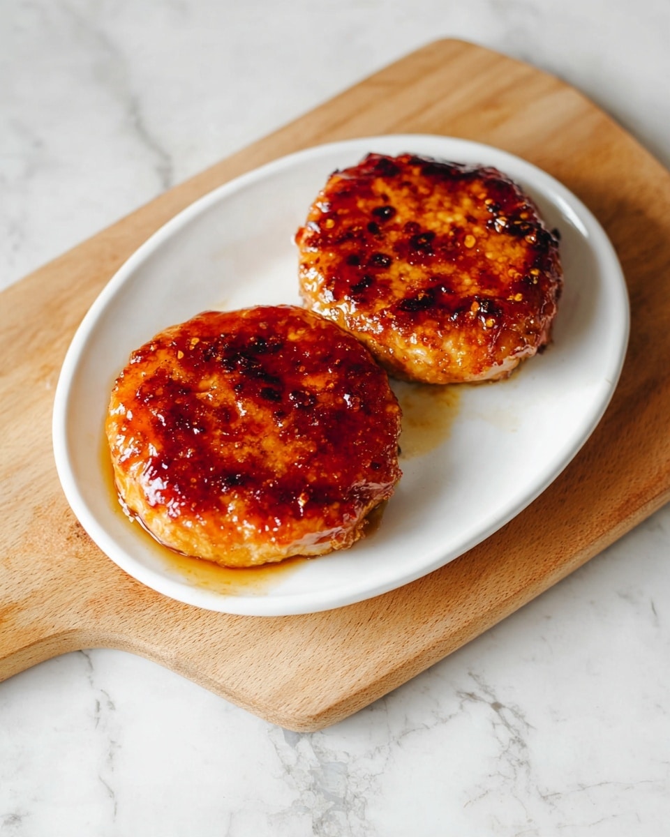 Two thick round patties with a shiny, caramelized orange-brown surface sit side by side on a white plate. The patties have a crispy, slightly charred texture on top with glossy spots of sauce. The plate rests on a light wooden board, placed on a white marbled surface. photo taken with an iphone --ar 4:5 --v 7