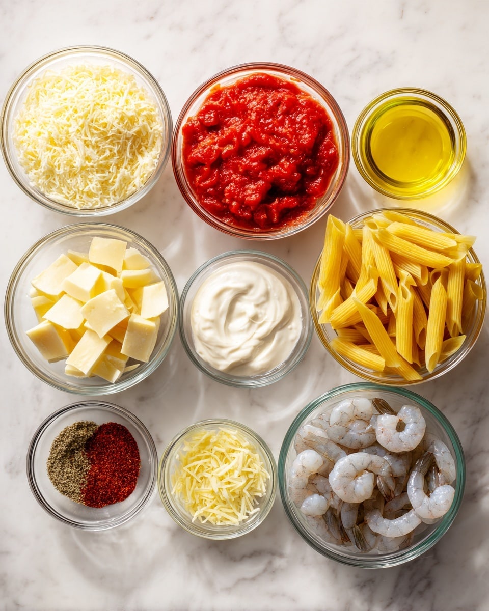 The image shows nine clear glass bowls arranged neatly on a white marbled surface. The top row has three bowls: light yellow dry grated parmesan cheese on the left, bright red crushed tomatoes with a chunky texture in the middle, and uncooked yellow penne pasta on the right. The second row includes pale yellow butter chopped into small pieces on the left, smooth white cream in the center, and raw grayish translucent shrimp on the right. The bottom row has three smaller bowls: dark reddish-brown Cajun seasoning on the left, finely chopped light yellow garlic in the middle, and a small bowl of clear light oil on the right. The composition is clean and orderly, with each ingredient clearly visible. Photo taken with an iphone --ar 4:5 --v 7