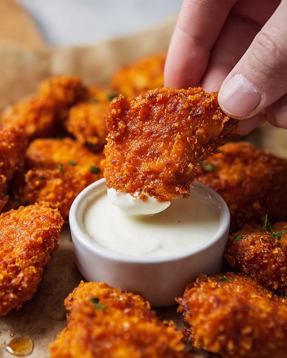 A close-up view of a woman's hand holding a crispy fried chicken nugget with a deep orange crunchy crust, partly dipped into a small round white bowl filled with smooth white ranch sauce. The background shows more chicken nuggets with the same texture and color, placed on a piece of parchment on a white marbled surface. The nuggets have a rough, crumbly coating and some small green herbs sprinkled on them. The lighting highlights the crispy texture and the slight shine on the sauce and nuggets. photo taken with an iphone --ar 4:5 --v 7