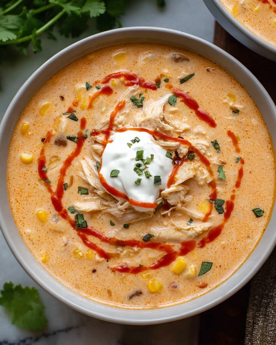A close-up of a bowl of creamy soup with a pale orange color and smooth texture, filled with visible small pieces of chicken and corn kernels. The soup is topped in the center with a swirl of shredded chicken, a dollop of white sour cream, and bright red hot sauce drizzled in a spiral pattern. Small green herb bits are sprinkled on top. The bowl is white, set on a white marbled surface with some green cilantro leaves partly visible at the edge. Photo taken with an iphone --ar 4:5 --v 7