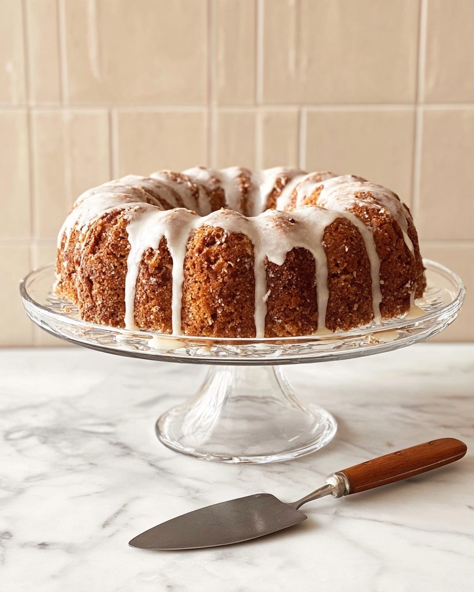 A round bundt cake with one thick layer is shown on a clear glass cake stand on a white marbled surface. The cake has a rough texture with many small crunchy bits, and it is brown in color. White glaze sauce is drizzled unevenly on top, flowing down the sides and pooling slightly on the cake stand. The background is made up of light beige rectangular tiles. A metal cake server with a light wooden handle is placed in front of the cake stand. Photo taken with an iphone --ar 4:5 --v 7