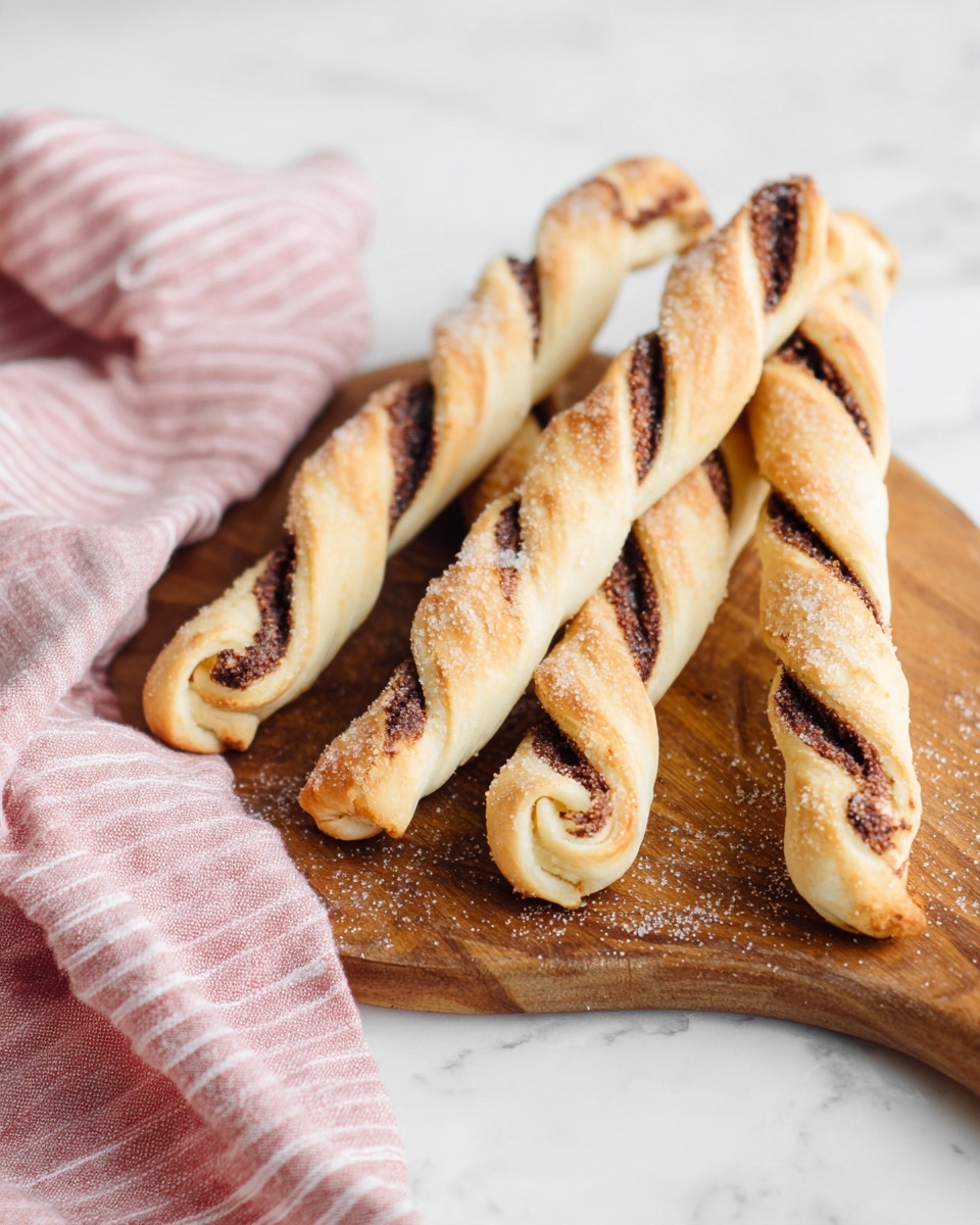 The image shows four twisted bread sticks placed on a wooden board. Each stick has two layers of dough twisted together, with a dark filling visible inside the twists, creating a swirl pattern. The top layer of the bread stick is golden brown with some sprinkled sugar. The wooden board is on a white marbled surface. A pink cloth with white stripes is draped in the background. photo taken with an iphone --ar 4:5 --v 7