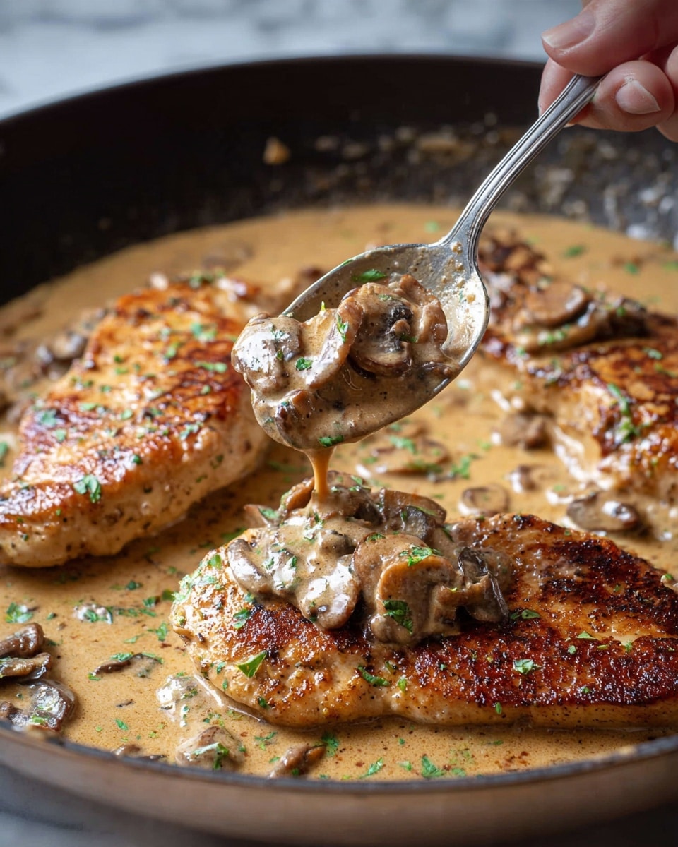 A close-up image shows three golden-brown cooked fillets placed in a dark pan filled with creamy light brown sauce that has small mushroom pieces and green herbs sprinkled on top. A woman's hand holds a silver spoon, lifting a spoonful of the sauce mixed with mushrooms over the center fillet. The fillets have a slightly crispy texture on the outside with visible char marks. The background is a white marbled surface. photo taken with an iphone --ar 4:5 --v 7