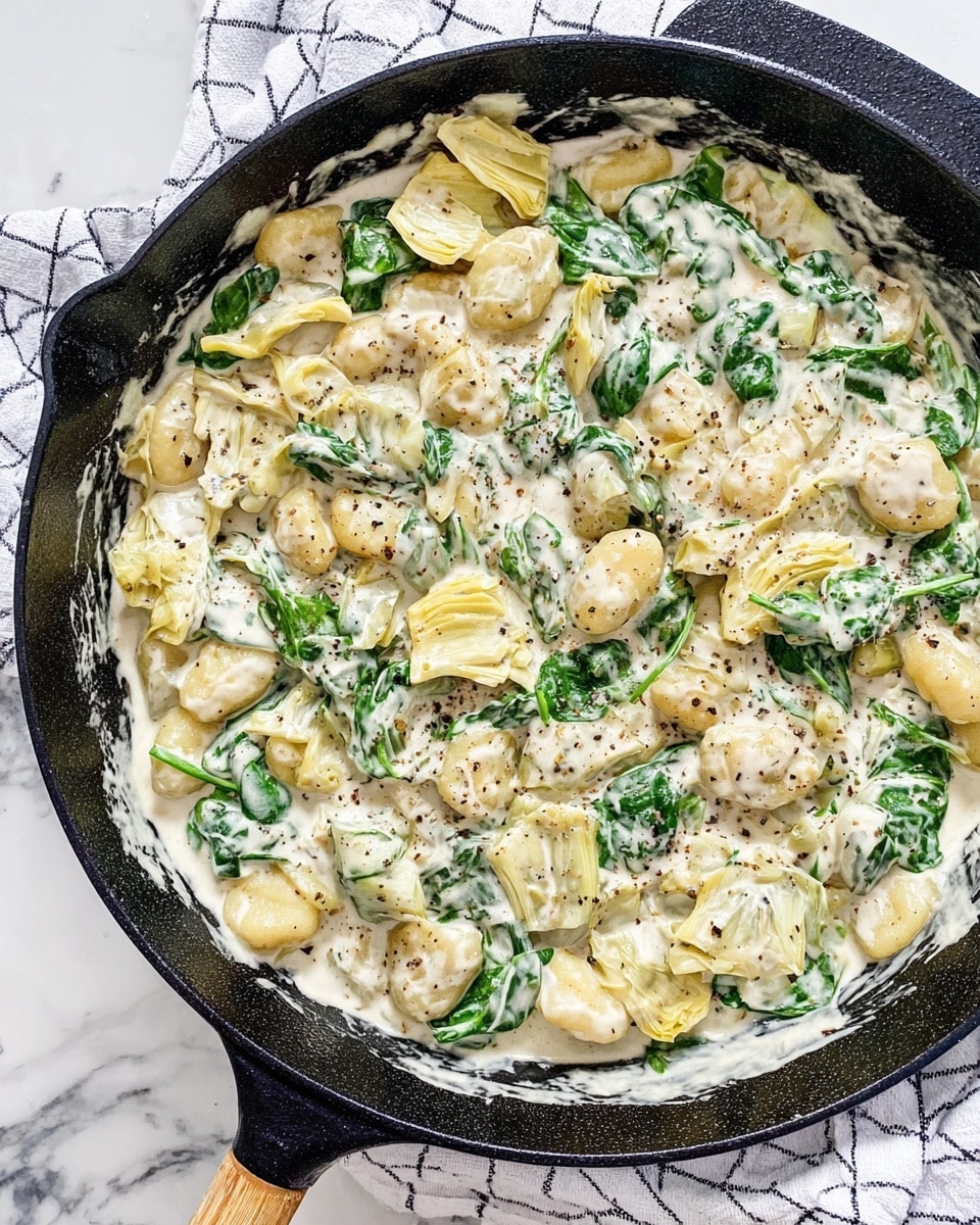 The image shows a black cast iron pan filled with a creamy dish made of gnocchi, artichoke hearts, and fresh spinach leaves. The gnocchi pieces are light golden with a soft texture, while the artichoke hearts are pale yellow and layered throughout. Bright green spinach leaves add color contrast, mixed evenly within the thick white cream sauce that has specks of black pepper sprinkled on top. The pan sits on a white marbled surface next to a white and black checkered cloth. photo taken with an iphone --ar 4:5 --v 7