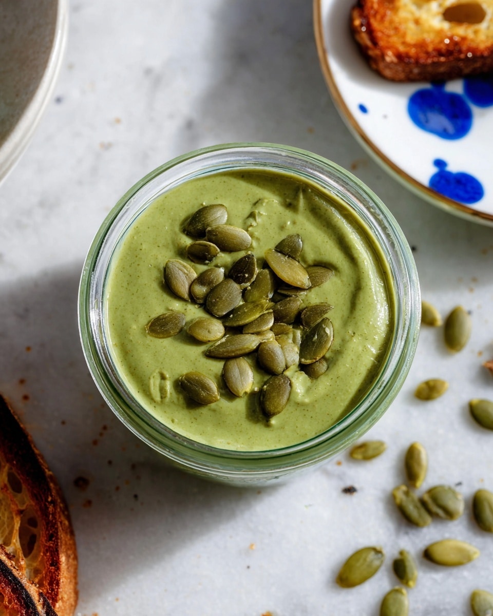 A clear glass jar filled with a smooth, thick green spread, topped with scattered light green pumpkin seeds. The jar sits on a white marbled surface with a few pumpkin seeds spilled around. In the upper right corner, there is a white plate with blue splatter patterns and a piece of toasted golden-brown bread resting on it. Photo taken with an iphone --ar 4:5 --v 7