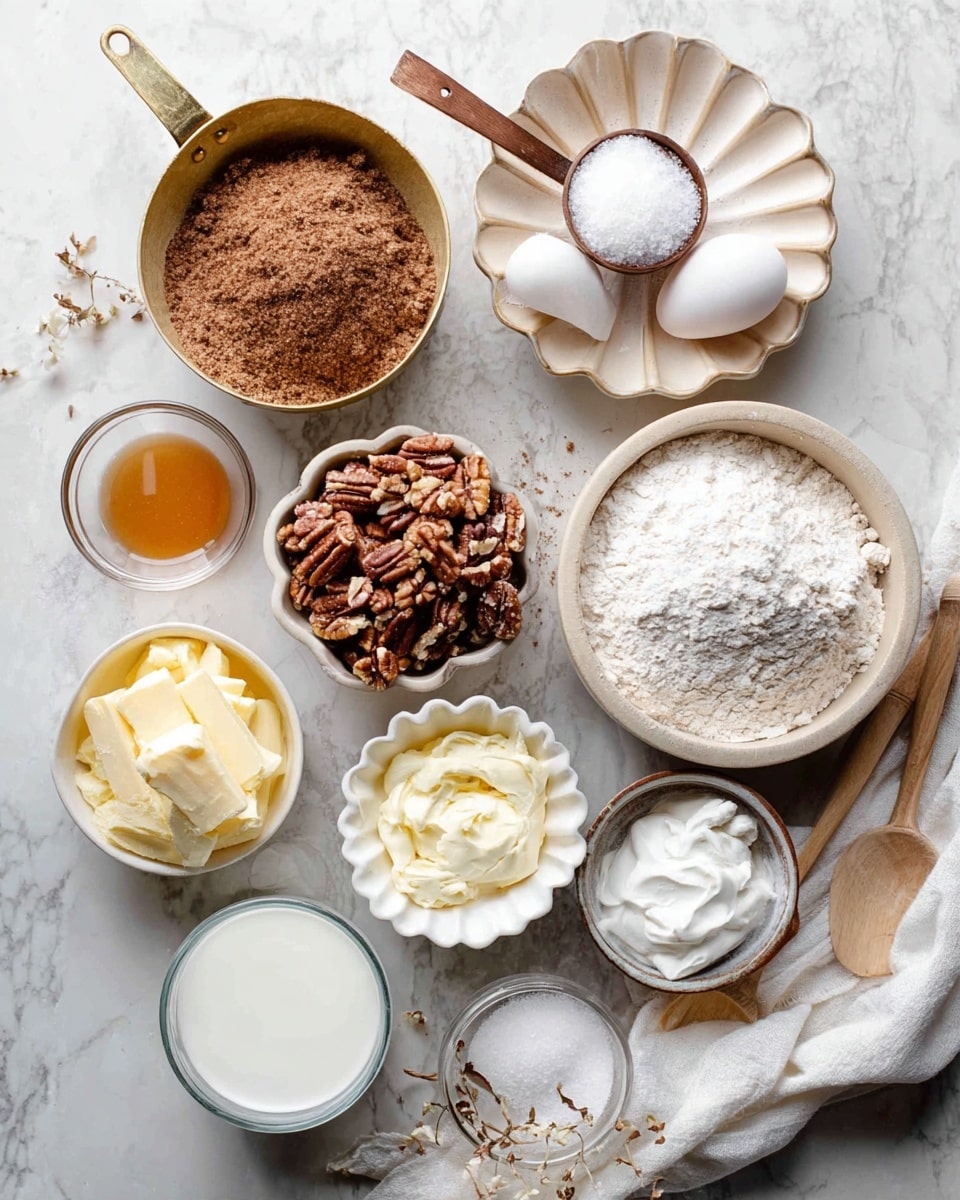 Various baking ingredients are arranged on a white marbled surface. At the top left is a brass measuring cup filled with brown sugar, next to a beige bowl of chopped pecans with a wooden spoon holding white baking soda on top. To the right, two white eggs rest on a white shell-shaped dish. Below them, a small white scalloped bowl holds light amber liquid. Near the center, a small glass jar contains white milk. At the bottom left, a white bowl has soft yellow melted butter with a teaspoon in it. In the middle bottom, a larger beige bowl is full of white flour. To the bottom right, a small white bowl contains thick white cream, and next to it, another white bowl has fine white sugar. A white cloth napkin lays loosely on the right side with a wooden utensil nearby. photo taken with an iphone --ar 4:5 --v 7