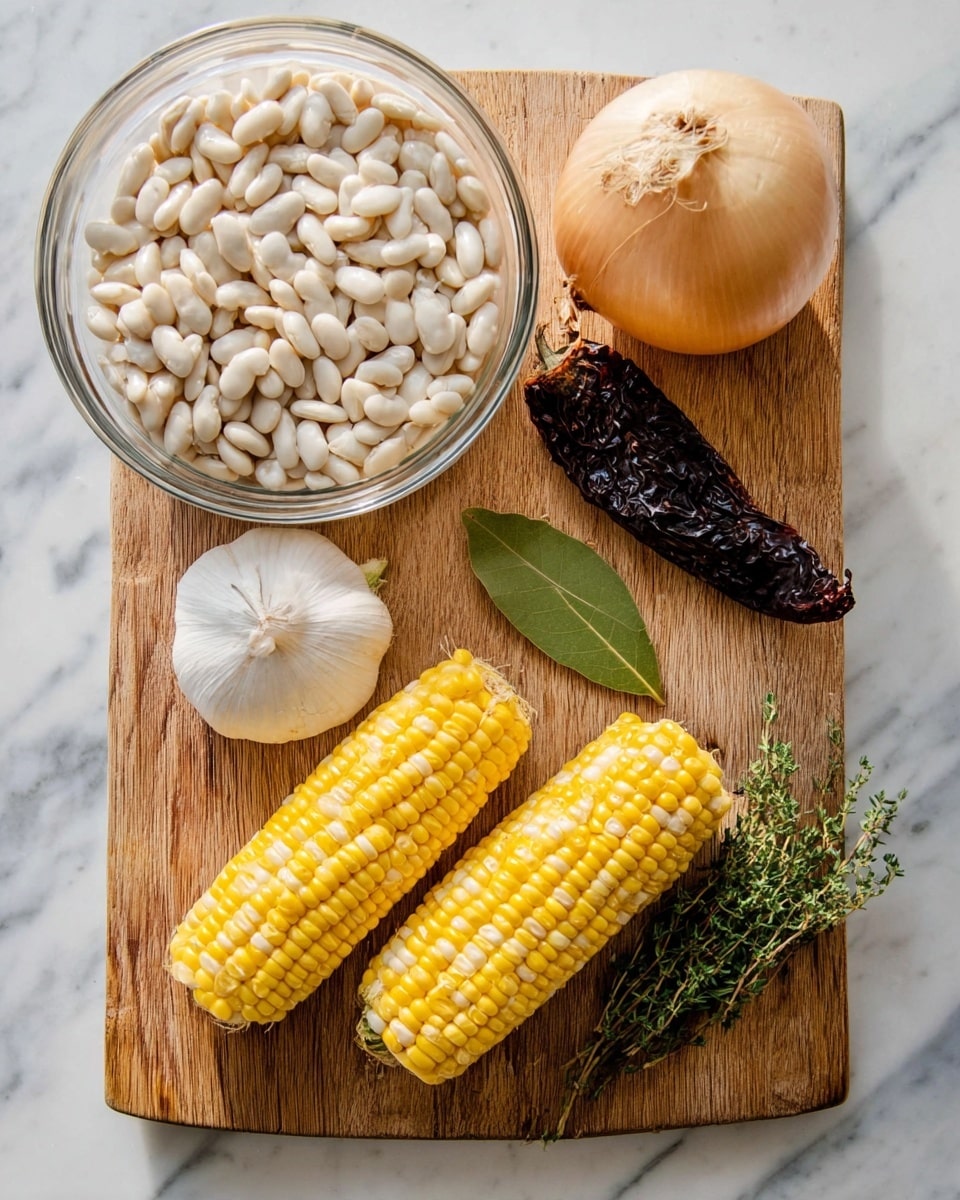 The image shows a wooden cutting board placed on a white marbled surface. On the board, there is a large glass bowl filled with white beans on the left side. Below the bowl, there are two whole garlic bulbs, white and round. In the center, there are two yellow and white corn cobs with the ends slightly peeled. To the right of the corn, a dark brown dried chili pepper is placed next to a small bunch of fresh green thyme. At the top right of the board, there is a whole yellow onion and a large green bay leaf resting beside it. Photo taken with an iphone --ar 4:5 --v 7