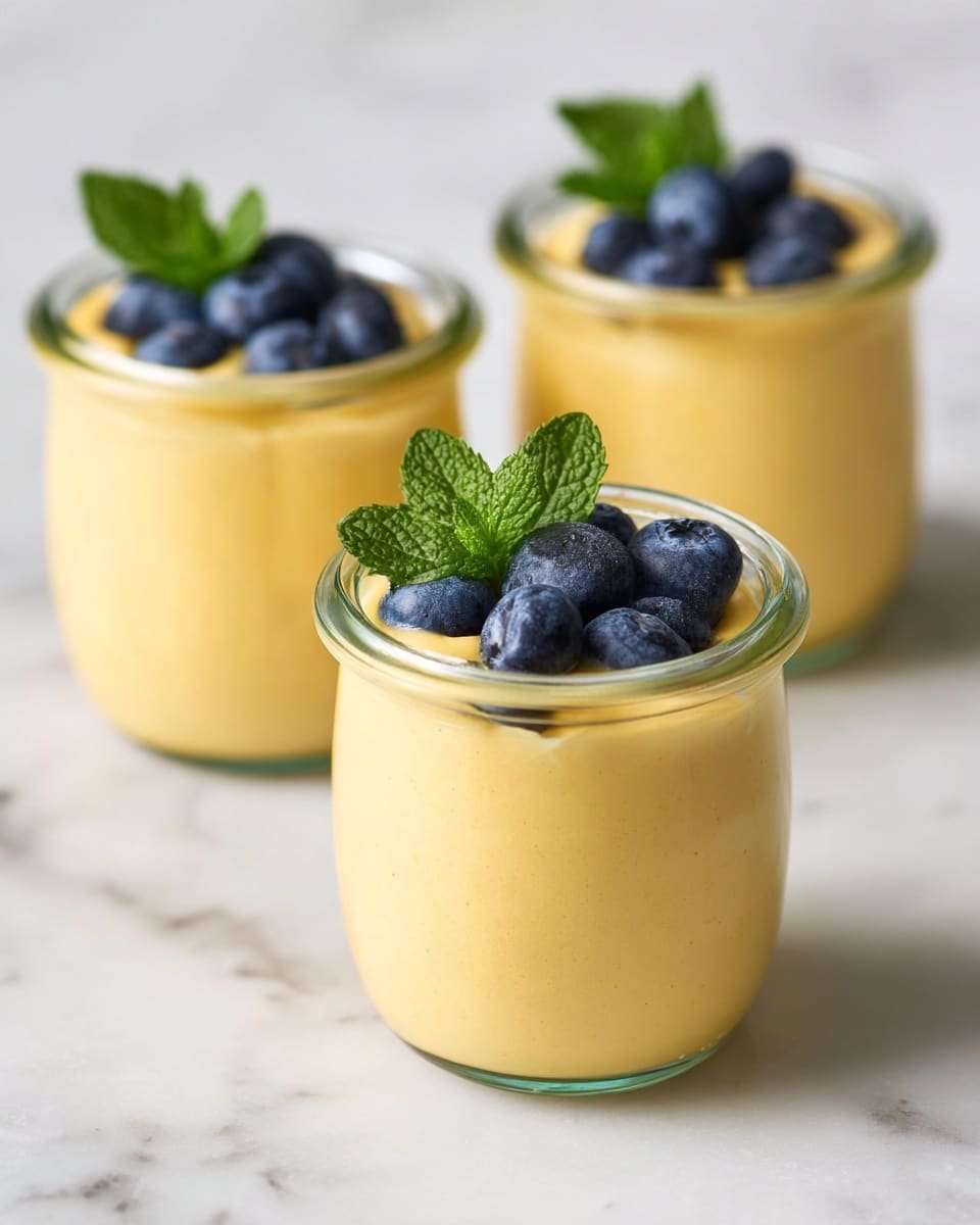 Three clear glass jars are filled with a smooth, yellow pudding. Each jar has a top layer of fresh, plump blueberries and a green mint leaf for decoration. The jars are placed on a white marbled surface with some loose blueberries near them and a vintage silver spoon to the right side. The jars are arranged in a slightly staggered formation, with one jar in front and two behind it. The background is blurred softly, keeping focus on the jars. photo taken with an iphone --ar 4:5 --v 7
