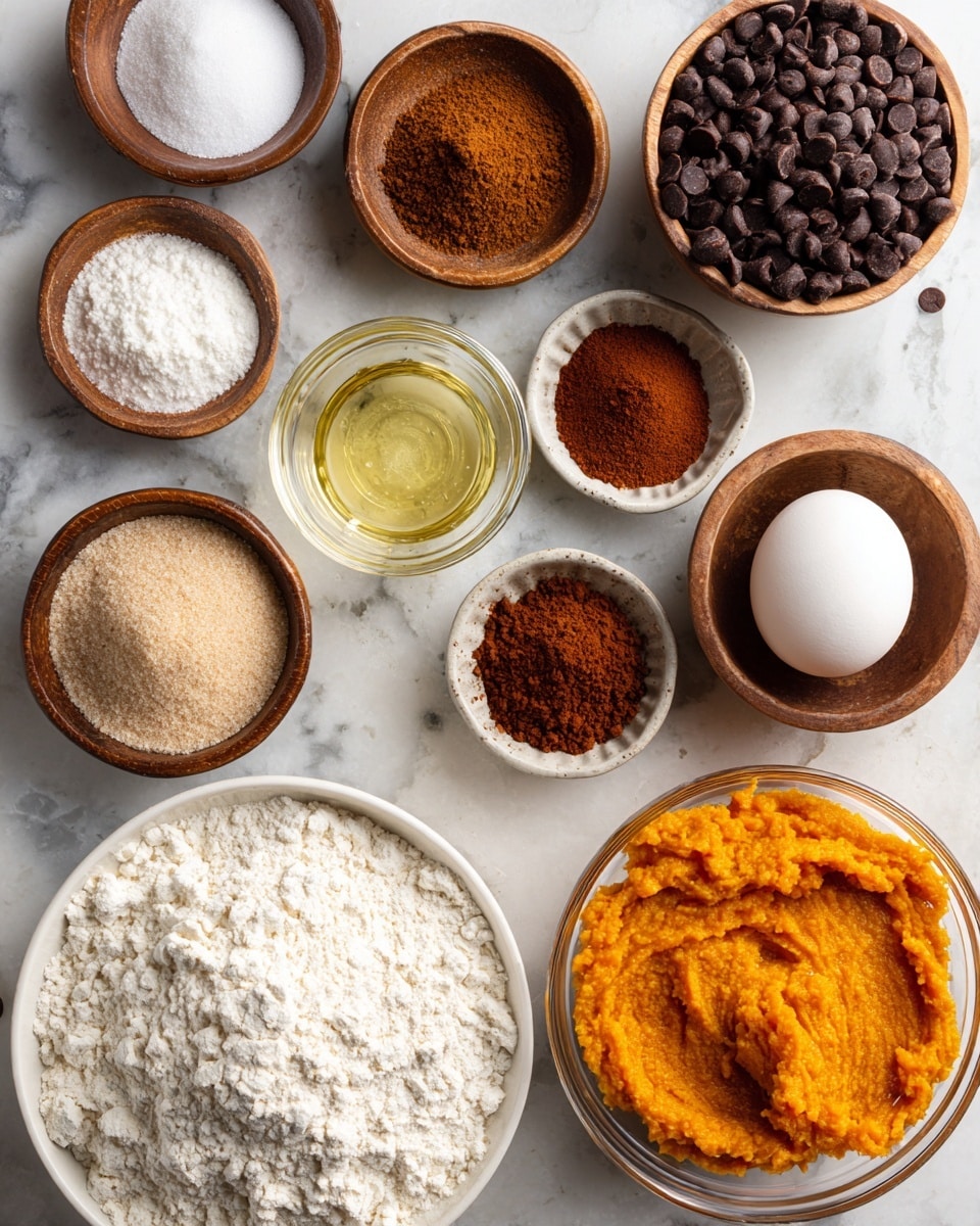 The image shows several small bowls and containers with ingredients neatly arranged on a white marbled surface. There is one white bowl filled with off-white flour in the bottom left corner. Surrounding it are small wooden bowls containing brown cinnamon powder, white baking powder, white salt, and a reddish-brown pumpkin pie spice. Close to the center are a small glass bowl with white sugar, a small glass container with yellow vegetable oil, and a small white bowl filled with brown sugar. The bottom right corner features a clear glass bowl holding bright orange pumpkin puree. There is one whole white egg near the middle top, and a clear glass bowl filled with small dark brown chocolate chips is placed on the right side. All ingredients are spaced evenly with labels above or near each bowl. Photo taken with an iphone --ar 4:5 --v 7