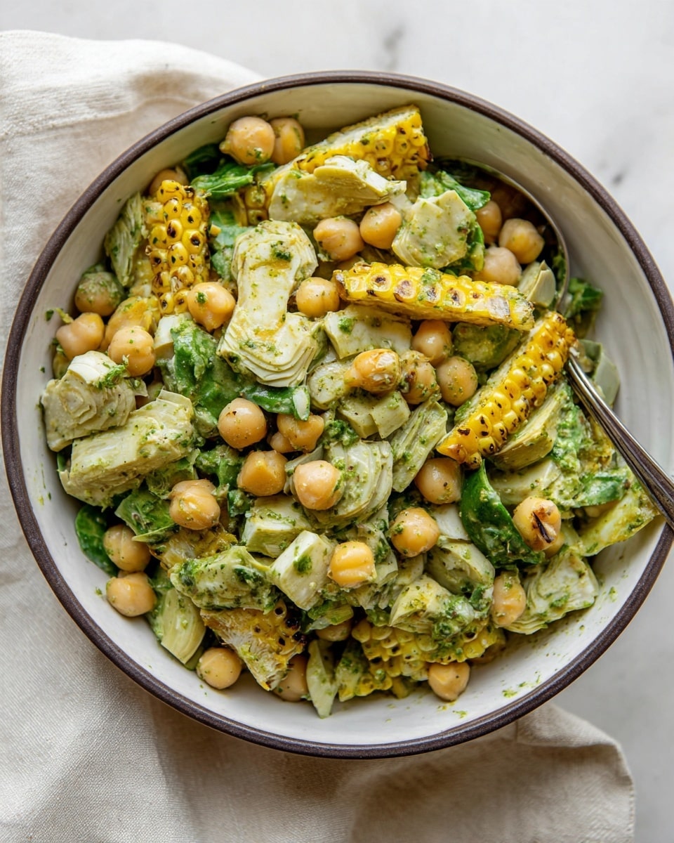 A close-up of a salad in a white bowl with a thin dark rim. The salad has four main layers: light yellow grilled corn slices with dark spots, light beige chickpeas, light green pieces of artichoke, and dark green chopped leafy salad mixed with a green herb dressing that lightly coats all ingredients. A silver spoon is partly visible on the right side in the bowl. The bowl rests on a wrinkled cream cloth on a white marbled surface. photo taken with an iphone --ar 4:5 --v 7
