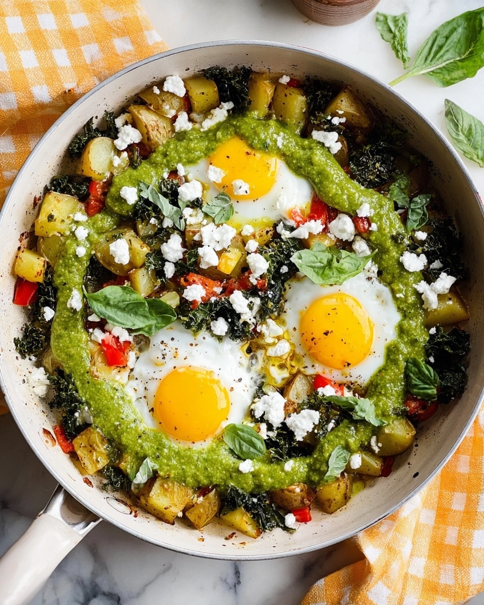 A white plate holds a colorful breakfast dish with roughly three layers: at the bottom are soft, golden brown roasted potato cubes mixed with small bright red bell pepper pieces, topped with vibrant green sautéed kale and fresh basil leaves adding texture. On top of the vegetables are two eggs cooked sunny side up, with glossy, runny deep orange yolks spilling slightly onto the plate and whites cooked through but still tender, sprinkled with small white crumbles of cheese and black pepper. A gold fork rests on the edge of the plate. The plate sits on a white marbled surface. photo taken with an iphone --ar 4:5 --v 7