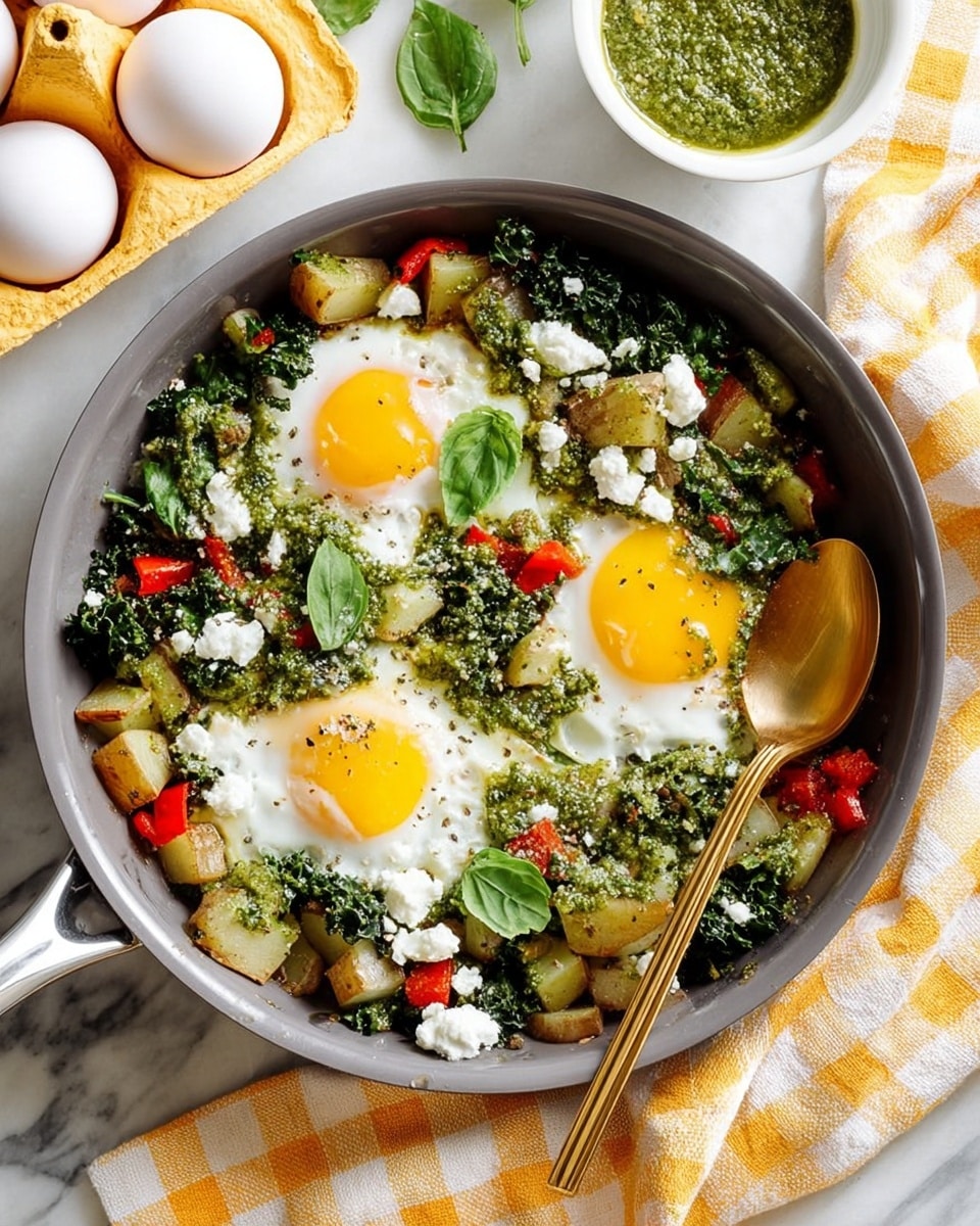 A white pan holds a colorful dish with three sunny-side-up eggs in the center, their yolks bright yellow and slightly soft. Around the eggs, there are chunks of golden-brown potatoes mixed with dark green leafy kale and small pieces of red bell pepper. A bright green sauce is spread in thick lines over the dish, topped with small white cheese crumbles and fresh green basil leaves scattered on top. The pan sits on a white marbled surface with a yellow and white checkered cloth nearby. Photo taken with an iphone --ar 4:5 --v 7