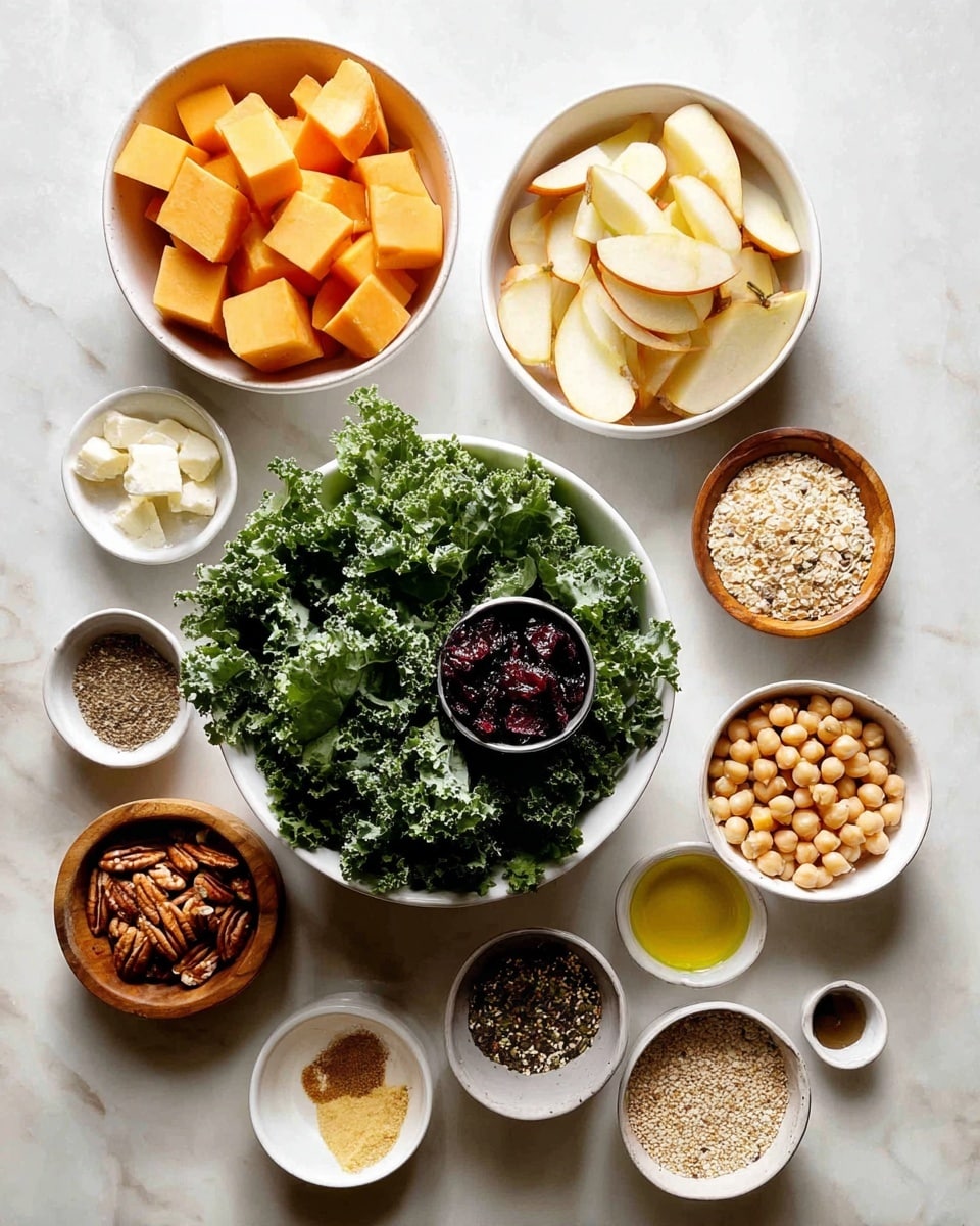 A top view of several small white bowls and cups arranged on a white marbled surface. The largest white bowl in the center holds curly green kale leaves with a small metal cup of dark dried cranberries on top. Next to it is a medium white bowl filled with pale orange cubed butternut squash. Above, a smaller white bowl contains sliced pale yellow apple pieces. Another white bowl is filled with light beige chickpeas. Scattered around are small white and wooden bowls holding various ingredients such as pecans, crumbled white cheese, olive oil, mustard, spices, and grain-like seeds. The scene is bright and clear, showing fresh and dry ingredients before cooking. photo taken with an iphone --ar 4:5 --v 7
