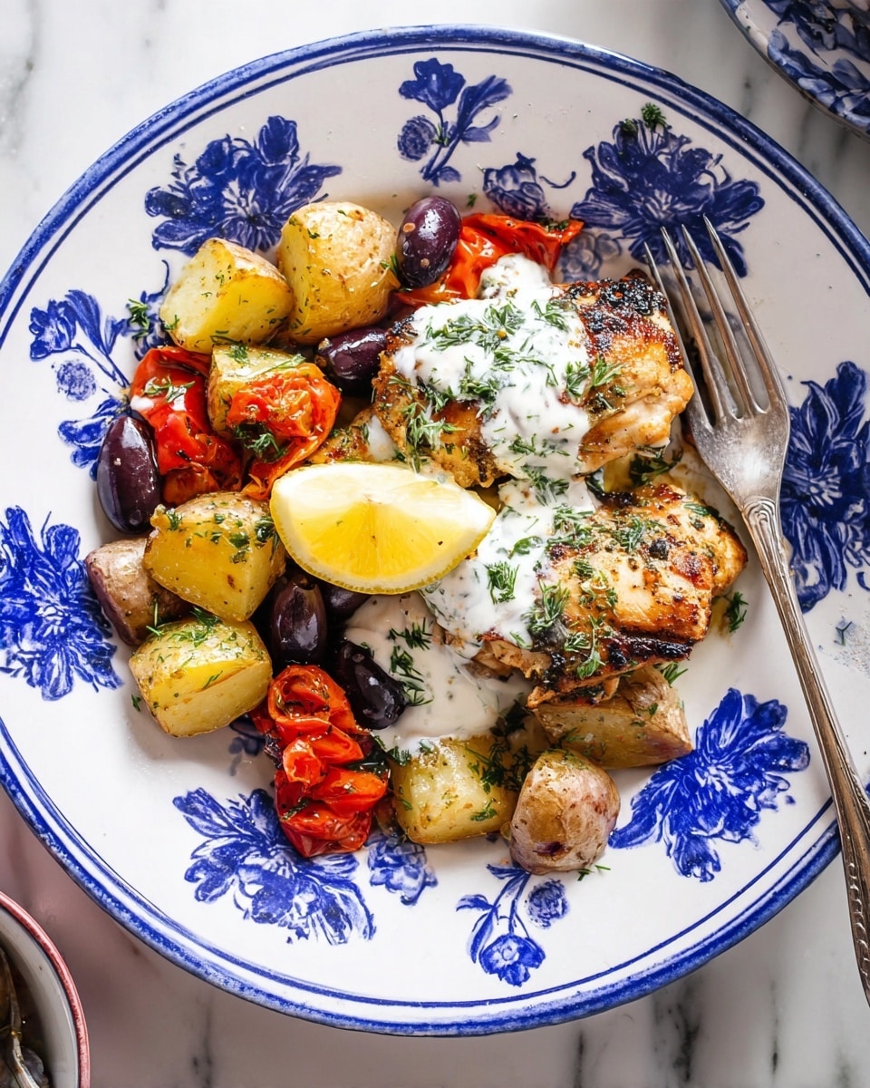 A white plate with blue floral designs holds a colorful meal with three main layers. The bottom layer is a mix of small, roasted yellow potatoes, halved red cherry tomatoes, and dark purple olives scattered around. On top of this layer, two grilled pieces of chicken with a golden-brown, slightly charred texture are placed side by side near the right edge. The chicken is covered partially with a white creamy sauce sprinkled with small green herb bits. A large lemon wedge sits between the vegetables and chicken pieces near the top of the plate. A silver fork rests on the left side of the plate, partially in the roasted vegetable mix. The plate is set on a white marbled surface. photo taken with an iphone --ar 4:5 --v 7