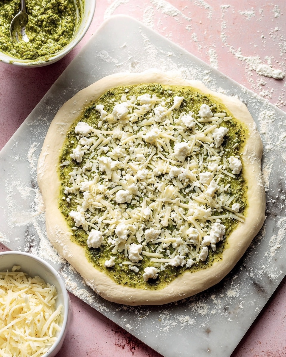 A round pizza dough with a thick, pale crust sits on a gray pizza peel dusted with yellow flour. The base layer is a green pesto sauce spread evenly with a slightly chunky texture. Scattered on top are two types of white cheese: small crumbles of soft cheese and thin shreds of shredded cheese, evenly spread across the surface. To the left, there is a white bowl filled with more green pesto with a spoon inside, and below it, a small white bowl holds extra shredded cheese. The whole scene is set on a white marbled surface with a soft pink hue in the background, and the overall lighting is bright and natural. photo taken with an iphone --ar 4:5 --v 7