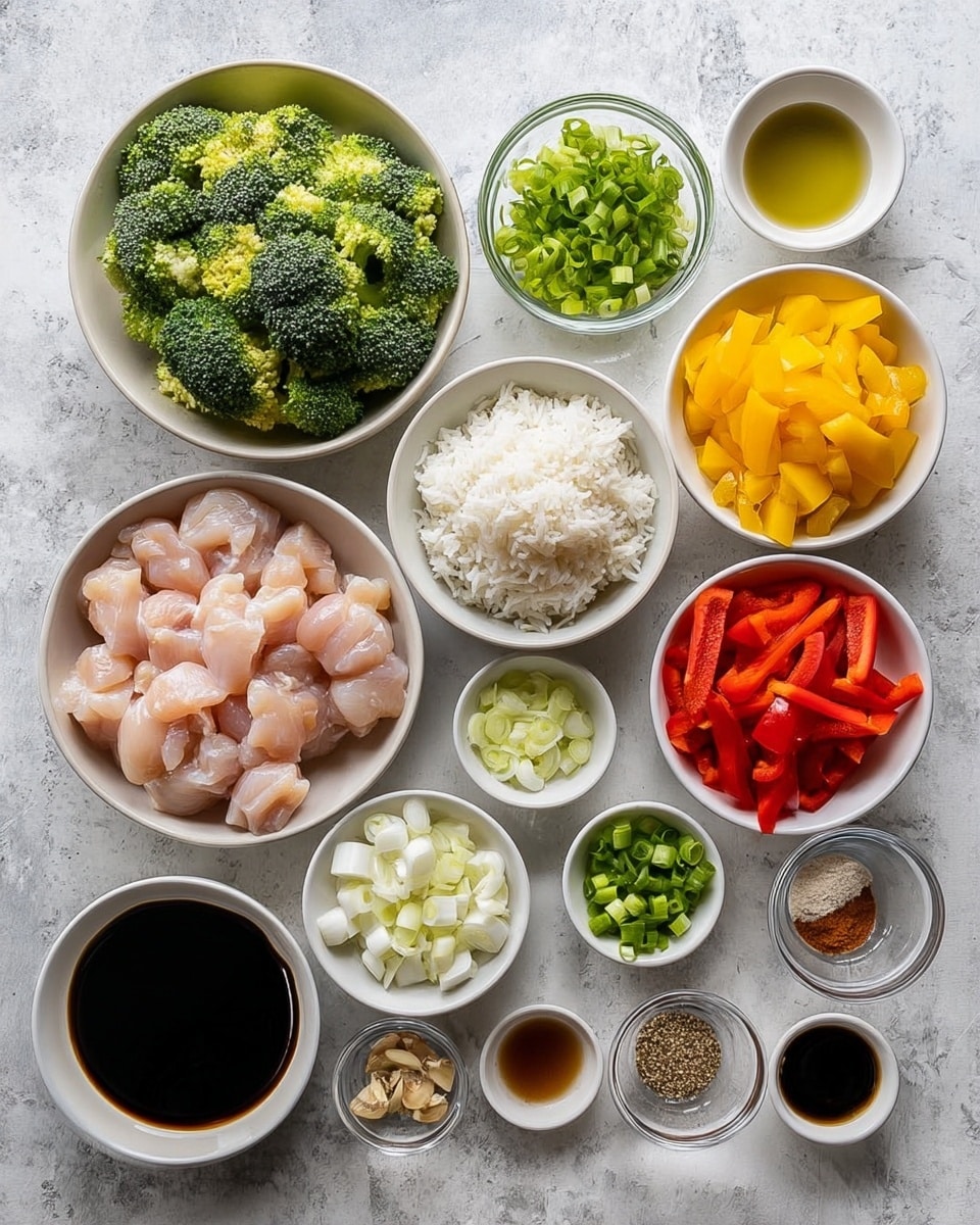 The image shows many small white bowls and one white large bowl on a white marbled surface, each holding different cooking ingredients. The large white bowl at the center back holds bright green broccoli florets. In front of it and slightly to the center left is a white bowl filled with light pink, uncooked chicken pieces. To the right center is a slightly larger white bowl filled with cooked white rice. Around these main bowls are smaller white bowls and dishes holding a variety of colorful ingredients: bright red sliced bell peppers on the upper right, yellow sliced bell peppers on the lower left, roughly chopped white onions on the middle left, dark soy sauce in a small glass cup at the top right, pale green sliced spring onions near the lower right, light brown sesame seeds next to the spring onions, and different sauces and spices like minced garlic, ginger, black pepper, salt, cooking oil, and other liquids are spread in small white or clear bowls throughout. The layout is neat and organized, showing a wide range of colors from the fresh vegetables and sauces. Photo taken with an iphone --ar 4:5 --v 7