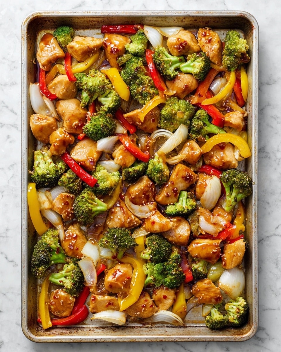 A metal baking tray filled with many pieces of marinated chicken that are light brown with a shiny sauce, mixed with bright green broccoli florets, long thin slices of yellow and red bell peppers, and white chunks of onion, all spread out unevenly. The tray is placed on a white marbled surface which shows some sauce stains around the edges. The ingredients look fresh and raw, with a mix of smooth and rough textures from the vegetables and chicken. photo taken with an iphone --ar 4:5 --v 7