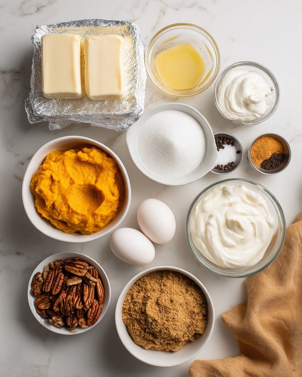 The image shows an overhead view of baking ingredients neatly arranged on a white marbled surface. On the left, there are three blocks of cream cheese wrapped in silver foil next to a bowl of vibrant orange pumpkin puree. Below, there are three small metal bowls holding ground cloves, cinnamon, and ginger. In the middle, a large white bowl filled with sugar is surrounded by a smaller white bowl of sugar, a small white bowl of pecans, and a medium white bowl filled with smooth sour cream. Three white eggs sit beside the bowls. On the right, a clear glass measuring cup contains melted butter, and below it, another clear glass measuring cup is filled with heavy whipping cream with a small white bowl of sugar beside it. Above the sugar, there is a small white bowl with pumpkin pie spice and a larger white bowl full of graham cracker crumbs with a slight indentation on the surface. A bit of a mustard-colored cloth is visible at the bottom right corner. All elements are crisp and clearly separated showing diverse colors and textures. Photo taken with an iphone --ar 4:5 --v 7