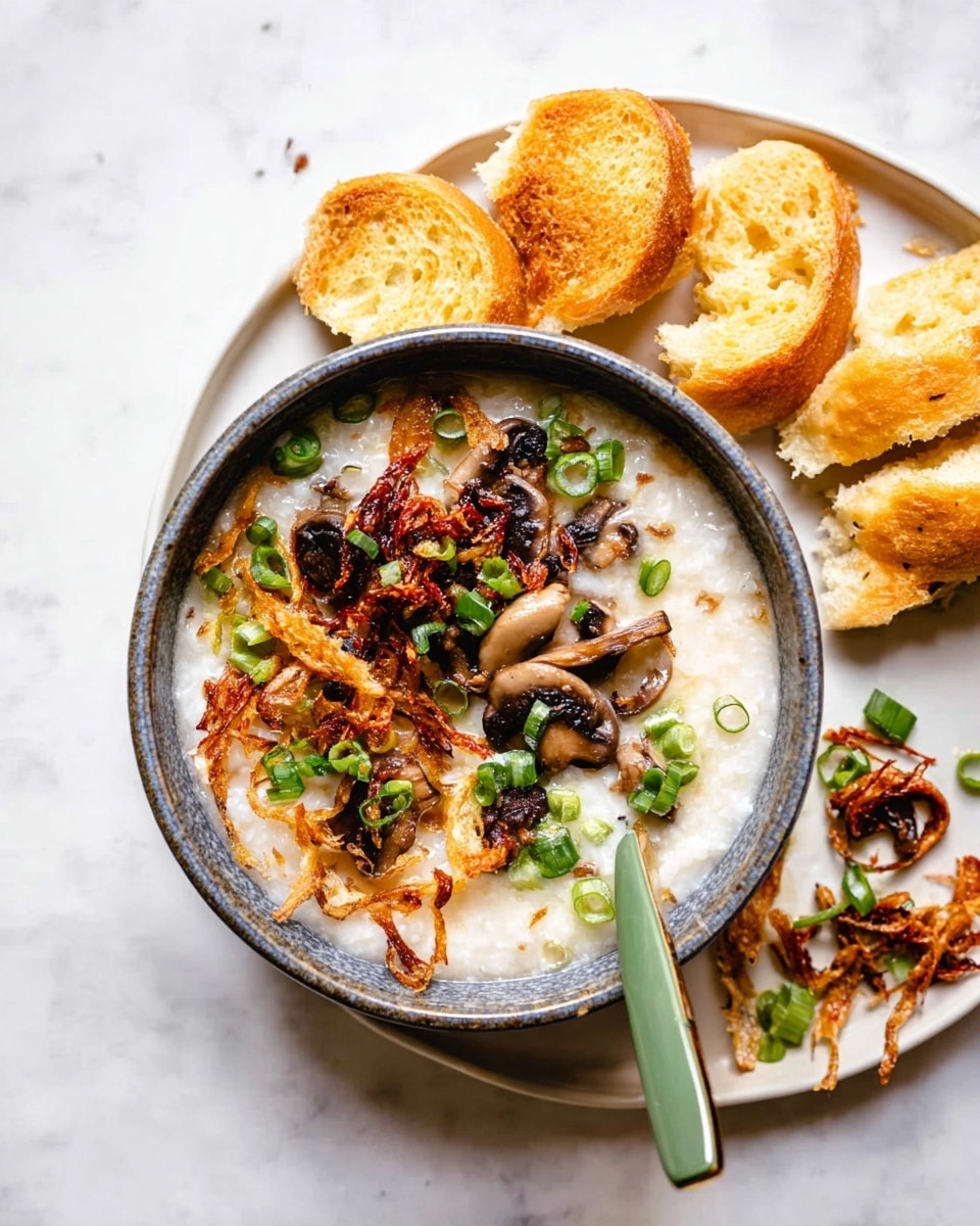 A pot filled with beige creamy rice porridge serves as the base layer. On top, there are six pieces of golden, hollow, bread sticks placed diagonally on the left side. Near the middle, dark brown sliced mushrooms form a small neat cluster. Bright green sliced spring onions are scattered over and around the mushrooms. Dark brown savory sauce with orange-red chili oil droplets creates contrast spots near the mushrooms. A wooden spoon with a smooth light brown handle rests on the right side inside the pot. The pot is black on the outside and white inside. The surface under the pot is white marbled texture with a folded mustard yellow cloth partially visible on the bottom left corner. Photo taken with an iphone --ar 4:5 --v 7