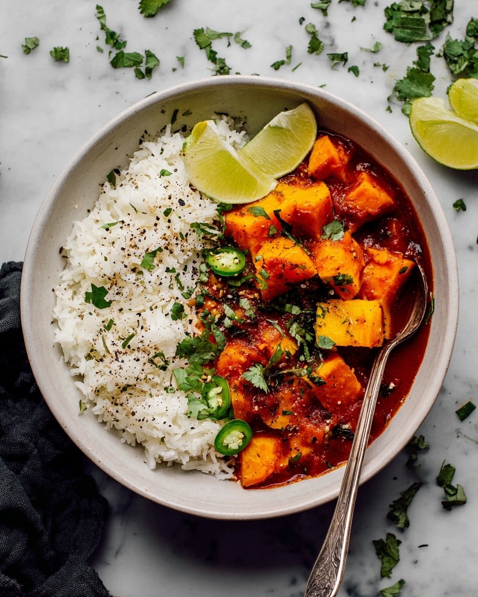 A deep white bowl holds a colorful dish with three main layers. On the left side, fluffy white rice sits lightly sprinkled with black pepper and tiny green herbs. Surrounding the rice on the right are large chunks of orange-yellow squash coated in a rich, dark red sauce. Fresh green cilantro leaves and thin slices of green chili are scattered on top, adding a burst of green color. Two lime slices rest against the edge of the bowl behind the squash. A silver spoon leans into the bottom right side of the bowl. The bowl sits on a white marbled surface with small green herbs scattered around. photo taken with an iphone --ar 4:5 --v 7