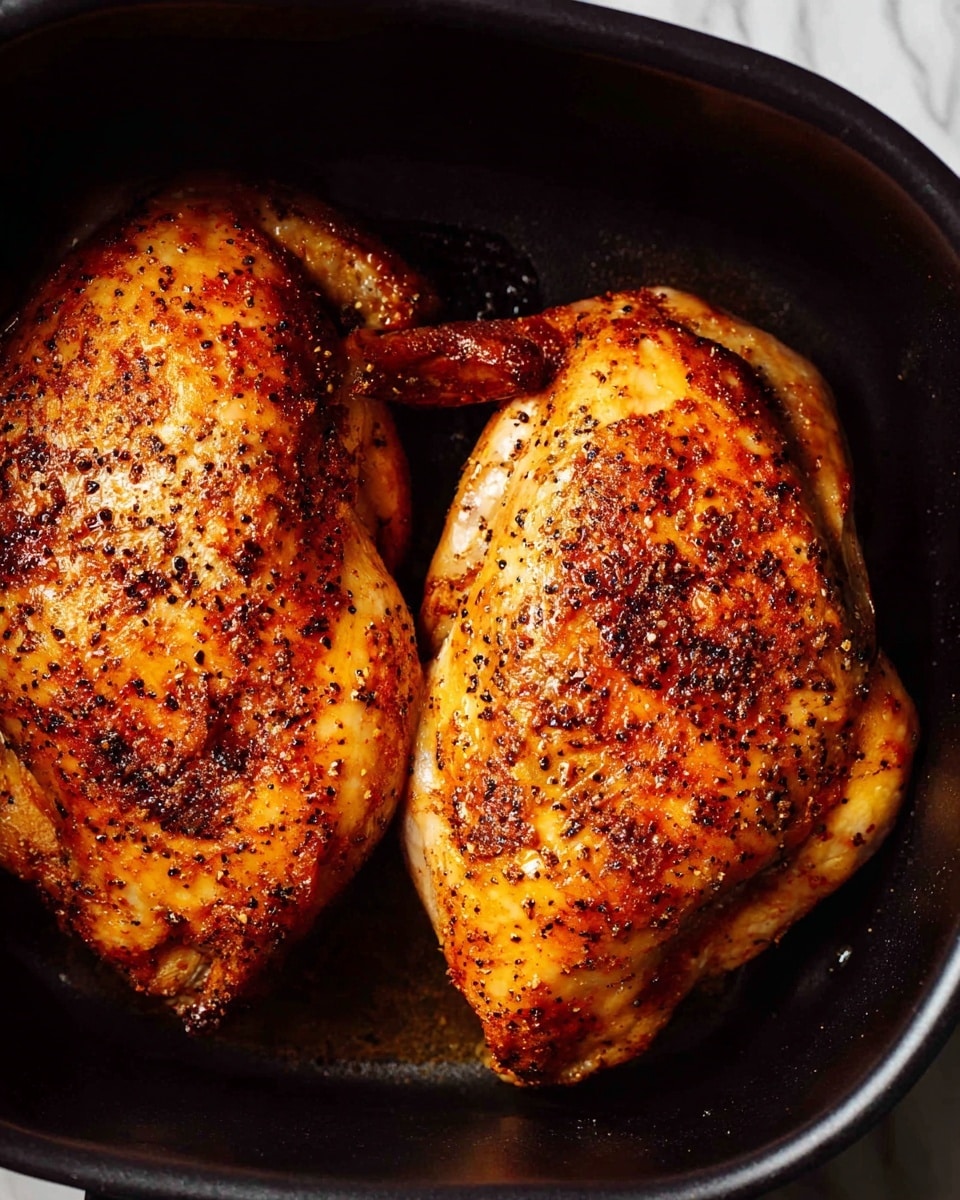 Two roasted chicken pieces are placed side by side inside a black cooking pan. The chicken skin is a rich golden brown with a slightly shiny texture, covered in a mix of black pepper and spices that add a speckled dark color across the surface. The chicken looks juicy and well-cooked with areas of darker browning where the spices have toasted. The background is a clean white marbled texture visible at the edges of the pan. photo taken with an iphone --ar 4:5 --v 7