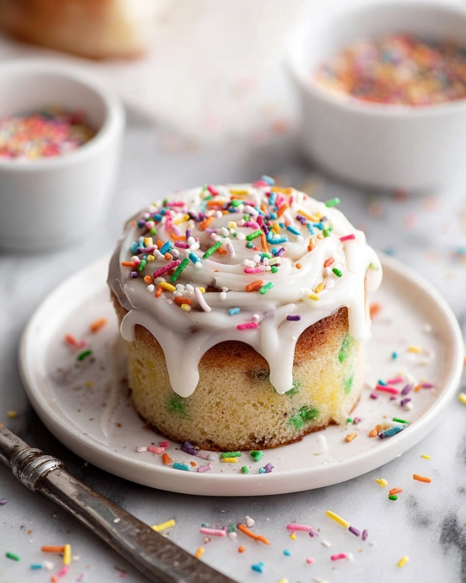 A close-up top view of a cinnamon roll with two visible layers; the base layer is golden brown dough rolled with a darker brown cinnamon filling in a spiral. The top layer is a thick white icing spread unevenly, slightly dripping down the sides, decorated with small colorful sprinkles in red, yellow, blue, white, and purple scattered on the icing and plate. The cinnamon roll rests on a speckled beige ceramic plate, placed on a white marbled surface with more sprinkles scattered around. Photo taken with an iphone --ar 4:5 --v 7