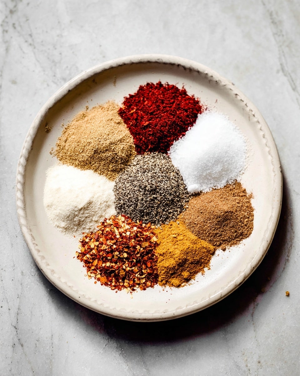 A white plate holds seven different kinds of spices, each in a small pile arranged side by side and forming almost a circle. Starting from the top left, there is a light brown spice with a fine texture, next a white salt-like spice, then a bright deep red powder. Below that is a black and white pepper mix with a coarse texture, followed by another light brown powder, a reddish-orange crushed chili flake spice, and finally another brown powder with a grainy texture. The plate is set on a white marbled surface under soft natural light. Photo taken with an iphone --ar 4:5 --v 7