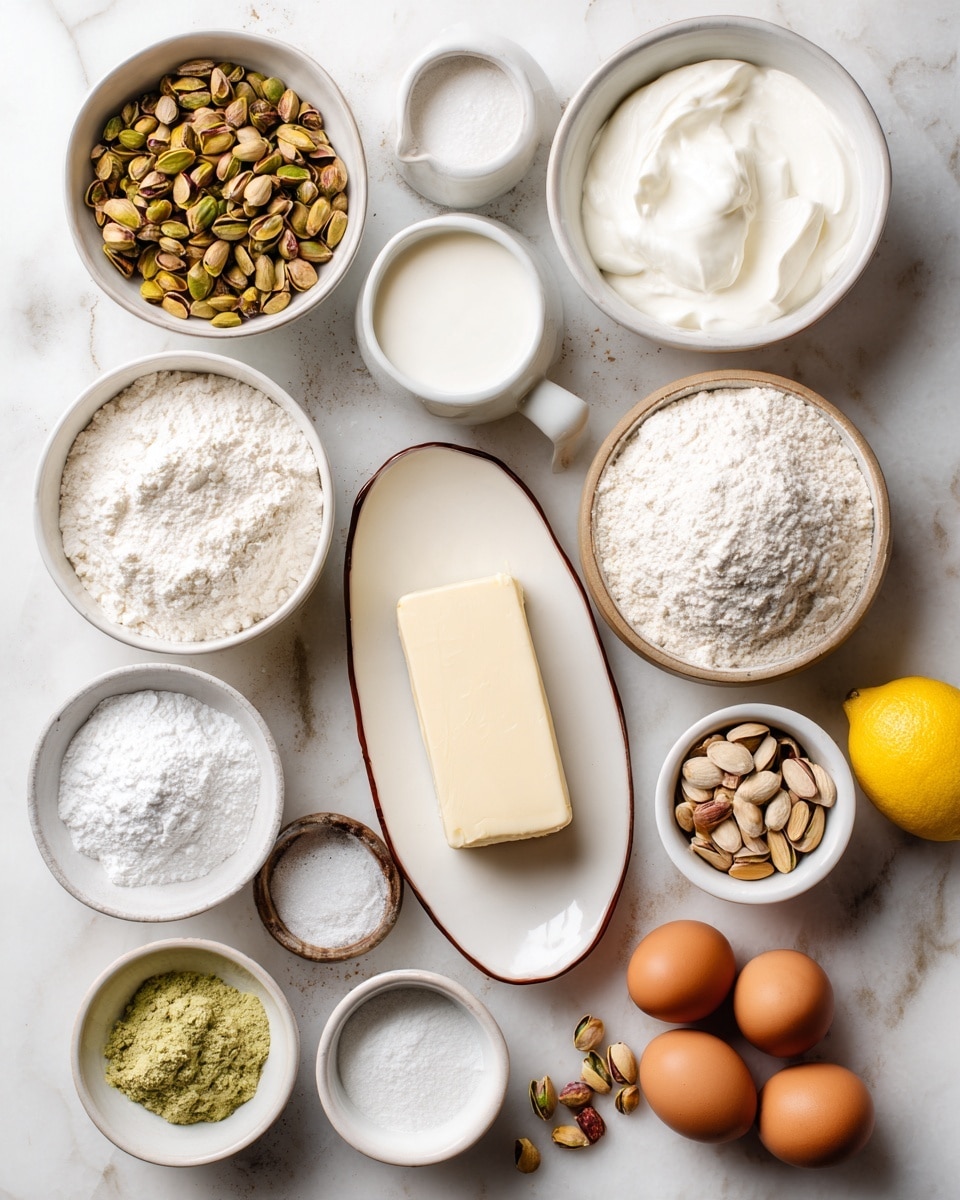 A top-down view of various baking ingredients arranged neatly on a white marbled surface, each labeled with bold black text. There is a white bowl filled with shelled pistachios near the top left and a white bowl with sour cream beside it. Below the sour cream is a small white bowl of milk, with a white bowl of almond meal to its right. A rectangular block of butter rests on a white oval plate edged with brown near the center. Below, there are white bowls filled with flour and powdered sugar to the left, with a tiny white bowl of baking soda between them. A white bowl of sugar is near the bottom left, with a small white bowl of pistachio paste in front of it. Near the bottom center are small white bowls labeled salt, vanilla extract, and baking powder. A round bowl with five brown eggs is at the bottom right, with a lemon next to it above the vanilla extract bowl. Scattered pistachios are placed around the bowls, adding a natural touch. photo taken with an iphone --ar 4:5 --v 7