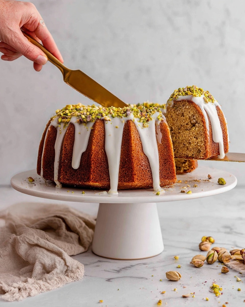 A brown bundt cake with a smooth rounded ridged shape sits on a white cake stand with a tall base, placed on a white marbled surface. The cake has a white glaze icing dripping down the sides unevenly, topped with crushed green pistachio nuts scattered across the top edges. A slice is being lifted by a woman's hand holding a gold cake server, showing the cake’s moist texture with small bits inside. Around the base of the cake are a few pistachio nuts and crumbs, with a beige cloth napkin draped to one side. The background is a white marbled texture. photo taken with an iphone --ar 4:5 --v 7