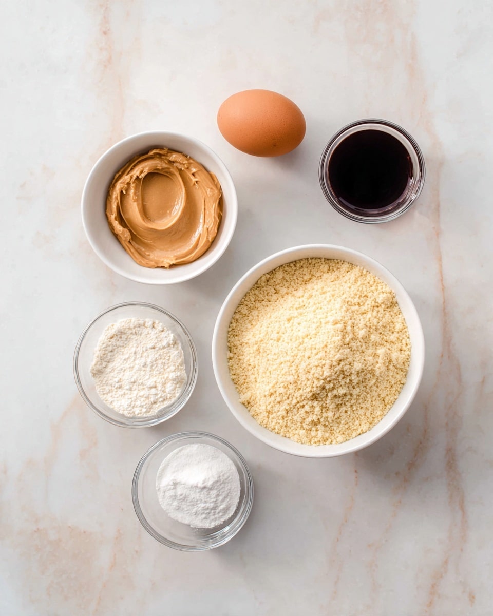 This image shows six ingredients arranged on a white marbled surface. At the top right, there is a white bowl filled with a light yellow, grainy powder. To its left, a smaller white bowl contains smooth, creamy light brown peanut butter. Below these, there is a brown egg placed directly on the surface. Near the bottom right, another white bowl holds a fine white powder, likely sugar or flour. To the bottom left, a small clear glass bowl contains white powder, possibly baking soda or baking powder. Next to it, another small glass container holds a dark liquid, likely vanilla extract. The overall setup looks clean and simple, ready for baking or cooking, photo taken with an iphone --ar 4:5 --v 7