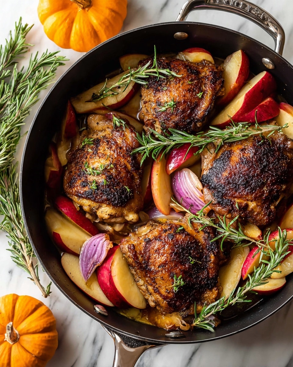 A black pan holds three browned chicken thighs, each with a crispy, dark golden skin and topped with fresh green rosemary sprigs. Around and beneath the chicken, there are thick slices of red and yellow apples with shiny, smooth surfaces, mixed with cooked red onion pieces. The pan sits on a white marbled surface, with sprigs of rosemary and small orange pumpkins placed around it, creating a cozy autumn feel. photo taken with an iphone --ar 4:5 --v 7