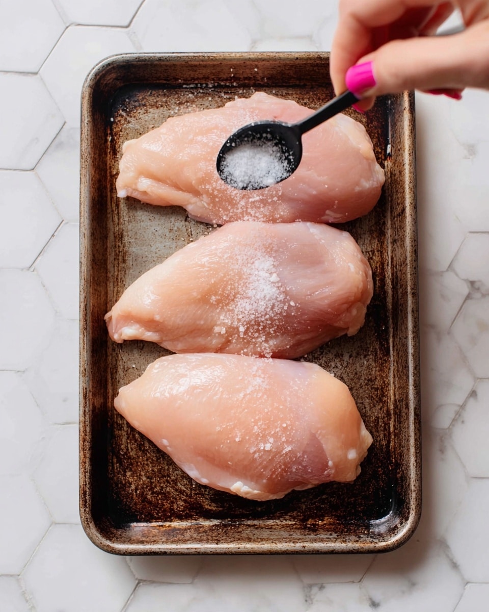 A close-up image shows four raw chicken pieces placed side by side on a worn metal tray with a dark, rustic texture. Three pieces are larger, light pink in color, smooth and shiny, and the fourth is smaller at the bottom, also light pink and smooth. A woman's hand with pink nails is holding a black spoon above the chicken, sprinkling coarse white salt over the top chicken pieces. The tray is on a white marbled surface with hexagonal tile pattern visible in the background. photo taken with an iphone --ar 4:5 --v 7