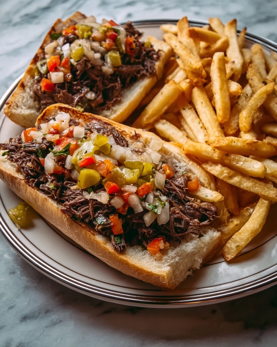 Two sandwiches are shown on a white plate with a silver rim, placed on a white marbled surface. Each sandwich has a bottom layer of soft, split bread with a light brown crust, topped with a thick layer of shredded dark brown meat, and covered with a colorful mix of chopped pickled vegetables including white, orange, yellow, and red pieces scattered on top. The plate is filled with thick, golden fries that are slightly crispy on the edges, surrounding the sandwiches. Photo taken with an iphone --ar 4:5 --v 7