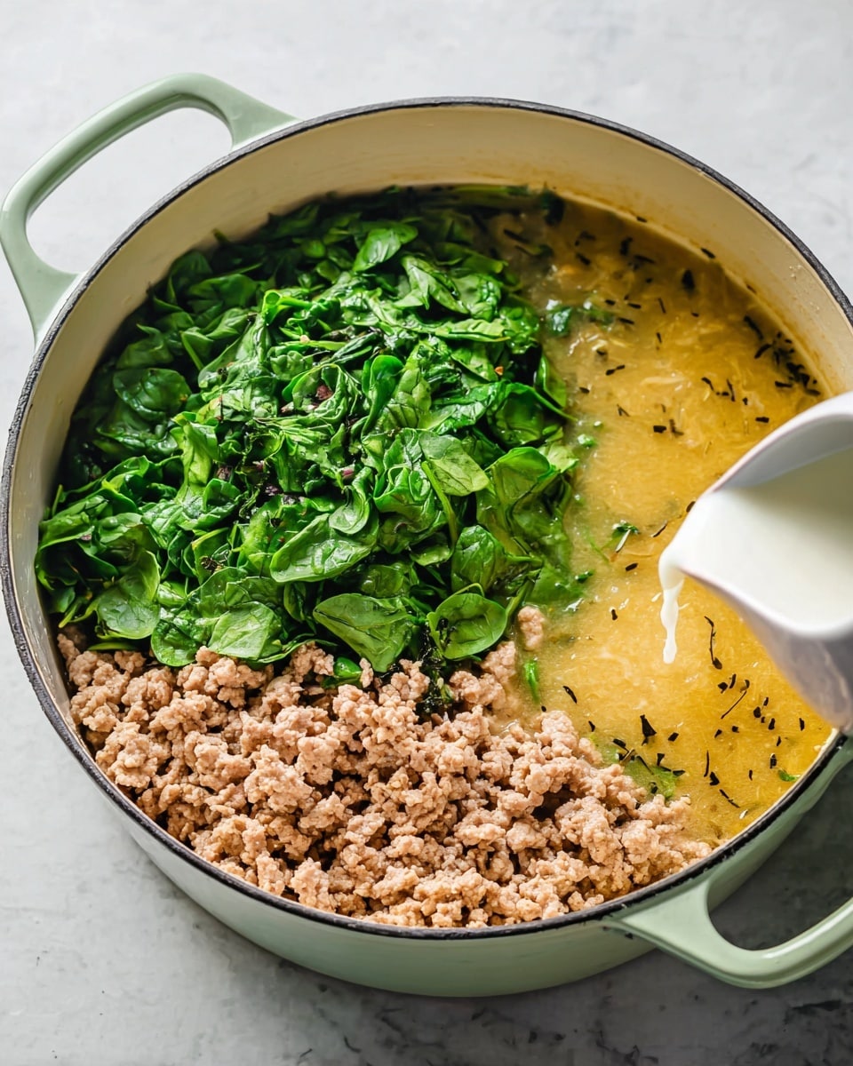 The image shows a large white pot with light green handles on a white marbled surface. Inside the pot, there are three main layers: on the left side, bright fresh green spinach leaves roughly chopped are piled up; on the bottom left, there is a layer of cooked light brown ground meat with a crumbly texture; on the right side, there is a thick golden-yellow broth filled about half the pot, with small dark herbs visible throughout. A white pitcher is pouring a milky white liquid slowly over the spinach. Steam rises gently from the broth, showing the dish is hot. Photo taken with an iphone --ar 4:5 --v 7