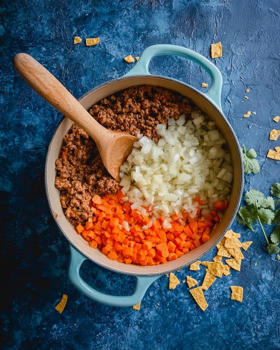 A round light blue pot with two handles sits on a dark blue textured surface, filled with three layers of ingredients: the bottom layer is browned ground meat with a crumbly texture, the middle layer is bright orange chopped carrots, and the top layer is a pile of white chopped onions. A wooden spoon with a smooth surface is resting inside the pot, its handle leaning on the pot's edge. Around the pot on the surface, small pieces of tortilla chips and a few cilantro leaves are scattered. photo taken with an iphone --ar 4:5 --v 7