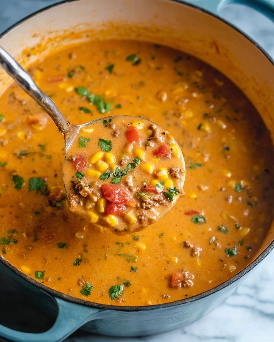 A large white pot filled with thick, creamy orange soup with visible chunks of yellow corn, red tomatoes, browned meat, and small pieces of onion, topped with green cilantro leaves scattered throughout. A metal ladle is lifting a portion of the soup, showing the mix of all the ingredients close up with a rich, smooth texture. The pot sits on a white marbled surface. Photo taken with an iphone --ar 4:5 --v 7